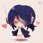  1girl =_= barefoot black_hair black_jacket blush chibi closed_eyes closed_mouth eighth_note emperor_penguin_(kemono_friends) facing_viewer hair_over_one_eye headphones heart jacket kemono_friends leotard long_hair multicolored_hair musical_note muuran open_clothes open_jacket orange_hair signature smile solo standing streaked_hair translation_request white_leotard 