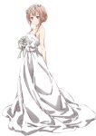  1girl arm_behind_back bouquet brown_eyes brown_hair collarbone dress flower full_body head_wreath highres holding holding_bouquet nakamura_kou original short_hair_with_long_locks sidelocks simple_background sketch sleeveless sleeveless_dress solo standing strapless strapless_dress wedding_dress white_background white_dress white_flower 