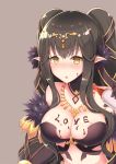  1girl :o bangs bare_shoulders bikini black_bikini black_gloves black_hair blush body_writing breasts chocolate_on_breasts cleavage collarbone detached_collar elbow_gloves english eyebrows_visible_through_hair fate/apocrypha fate/grand_order fate_(series) fur-trimmed_gloves fur_trim gem gloves grey_background highres holding index_finger_raised jewelry kana_(ky4696) large_breasts long_hair looking_at_viewer necklace nose_blush open_mouth pointy_ears semiramis_(fate) shiny shiny_skin sidelocks simple_background solo swimsuit tiara twintails upper_body 
