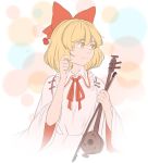  1girl blonde_hair bow commentary erhu hair_bow long_sleeves looking_to_the_side mefomefo neck_ribbon ribbon satsuki_rin short_hair solo touhou upper_body wide_sleeves yellow_eyes 