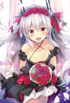  1girl arm_garter azur_lane bangs bare_shoulders black_dress black_gloves blush bouquet breasts cleavage closed_mouth collarbone dress dress_bow eyebrows_visible_through_hair floating_hair flower gloves hair_between_eyes hair_ornament hair_ribbon headgear holding holding_bouquet light_particles long_hair looking_at_viewer maruchan. no_bra open_mouth petals red_eyes ribbon rose sidelocks silver_hair silver_wings small_breasts smile solo standing tiara twintails underwear vampire_(azur_lane) very_long_hair wind wings 
