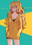  1girl ahoge blonde_hair breasts cleavage ecru english hands_in_pockets hood hoodie rwby solo twitter_username violet_eyes yang_xiao_long zipper 