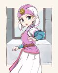  1girl :o belt blonde_hair blue_eyes blue_shirt brown_belt dress eyebrows eyelashes gem hat long_sleeves looking_back nazonazo_(nazonazot) open_mouth pointy_ears princess princess_zelda shirt short_hair solo teeth the_legend_of_zelda the_legend_of_zelda:_ocarina_of_time tongue triforce undershirt white_dress window 