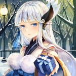  1girl bangs bare_tree blue_eyes blue_hair blunt_bangs blush box copyright_request fence forest gift giving japanese_clothes kimono lamppost long_hair long_sleeves looking_at_viewer nature outdoors parted_lips sash sibyl snow snowing solo tassel tree valentine wide_sleeves 
