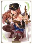  1girl artist_name black_hat blue_eyes blue_skirt boots braid breasts brown_footwear brown_hair card_(medium) character_name cleavage collarbone floating_hair full_body granblue_fantasy hair_between_eyes hat highres holding holding_sheath holding_sword holding_weapon lecia_(granblue_fantasy) long_hair looking_at_viewer mamedenkyuu_(berun) medium_breasts midriff miniskirt navel one_knee open_mouth page_number pants pleated_skirt red_pants sheath shiny shiny_skin skirt solo stomach sword thigh-highs thigh_boots very_long_hair weapon 