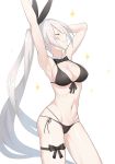  1girl abs armpits arms_up bangs bare_shoulders bikini blush bow breasts cero_(last2stage) cleavage closed_eyes closed_mouth collar five-seven_(girls_frontline) front-tie_bikini front-tie_top girls_frontline groin hair_between_eyes hair_ornament hair_ribbon highleg highleg_bikini highres hips large_breasts leg_ribbon long_hair navel ponytail ribbon ribs side-tie_bikini sidelocks silver_hair simple_background skindentation smile smug solo sparkle standing stomach swimsuit very_long_hair white_background 