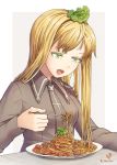  1girl blonde_hair dr.beeeee eating food fork green_eyes highres long_hair necktie open_mouth original pasta plate simple_background solo spaghetti upper_body 