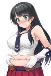  1girl agano_(kantai_collection) bare_shoulders belly_grab black_belt black_hair blue_eyes blush breasts closed_mouth collarbone cosplay erect_nipples gloves hormone_koijirou kantai_collection large_breasts long_hair navel nose_blush plump red_skirt sailor_collar sideboob simple_background skirt solo upper_body weight_conscious white_background white_gloves 
