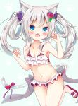  1girl :o animal_ears azur_lane bangs bare_arms bare_legs bare_shoulders bell bikini blue_eyes blush bow cat_ears cat_tail claw_pose collarbone commentary_request esureki eyebrows_visible_through_hair fang fingernails flower frilled_bikini frills hair_between_eyes hair_flower hair_ornament hammann_(azur_lane) hands_up highres jingle_bell kemonomimi_mode long_hair looking_at_viewer open_mouth red_bow red_flower red_footwear red_rose rose sandals see-through silver_hair solo swimsuit tail tail_bell tail_bow twintails v-shaped_eyebrows white_bikini 