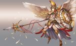  1girl angel angel_wings armor blonde_hair boots breasts closed_mouth commentary_request feathers floating_hair flying green_eyes grey_background helm helmet holding holding_weapon large_breasts maekawa_yuichi original polearm shield solo spear spread_wings weapon wings 