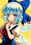  1girl :p bangs blue_bow blue_eyes blue_hair blush bow cirno eyebrows_visible_through_hair finger_to_mouth hair_bow ice ice_wings looking_at_viewer neck_ribbon puffy_short_sleeves puffy_sleeves qqqrinkappp red_ribbon ribbon sample short_hair short_sleeves solo tongue tongue_out touhou traditional_media upper_body wings yellow_background 
