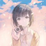  1girl absurdres brown_eyes brown_hair camera clouds cloudy_sky collared_shirt commentary_request day head_tilt highres holding jacket long_sleeves looking_at_viewer neck_ribbon outdoors petals red_ribbon ribbon shirt short_hair sibyl sky smile solo white_shirt wing_collar 