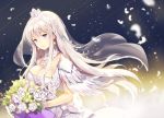  1girl azur_lane bouquet breasts bride cleavage closed_mouth commentary_request crown detached_collar dress enterprise_(azur_lane) feathers floating_hair flower jewelry large_breasts long_hair looking_at_viewer necklace pink_hair rose sibyl smile solo standing veil violet_eyes wedding_dress white_dress white_flower white_rose 
