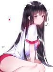  1girl arched_back artist_name bangs between_legs black_hair blush buruma closed_mouth from_side grey_eyes gym_uniform hand_between_legs highres ichinosenen long_hair looking_at_viewer original short_sleeves sidelocks signature simple_background solo thighs tsurime very_long_hair white_background 