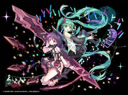  2girls absurdly_long_hair aqua_hair boots detached_sleeves full_body green_eyes hatsune_miku headset high_heels kai-ri-sei_million_arthur knee_boots long_hair microphone mintchoco_(orange_shabette) multiple_girls musical_note nail_polish necktie open_mouth piano_keys purple_hair red_eyes skirt thigh-highs thigh_boots twintails very_long_hair vocaloid 