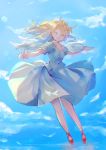  1girl angel angel_wings asanagi_kurumi_(panda-doufu) bare_legs blonde_hair blush closed_eyes clouds cloudy_sky commentary day dress feathers flying full_body happy long_hair original outstretched_arms puffy_sleeves red_footwear sky smile sunlight white_dress white_wings wings 
