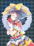  1girl apple blush bow closed_eyes commentary_request crown eyebrows_visible_through_hair food frills fruit gloves original profile puffy_short_sleeves puffy_sleeves purple_hair red_bow short_sleeves sibyl skirt solo white_gloves 