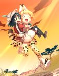  2girls absurdres animal_ears backpack bag bare_shoulders black_hair blonde_hair blush boots bucket_hat carrying closed_eyes commentary_request elbow_gloves eyebrows_visible_through_hair feathers gloves hat highres kaban_(kemono_friends) kemono_friends loafers multicolored_hair multiple_girls open_mouth pantyhose princess_carry running serval_(kemono_friends) serval_ears serval_print serval_tail shirt shoes short_hair short_sleeves shorts smile t-shirt tail thigh-highs user_fmwk3744 wavy_mouth 