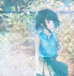  1girl bare_arms bare_shoulders blue_eyes blue_shirt blue_skirt closed_mouth collared_shirt commentary_request day fence food green_hair highres ivy outdoors pleated_skirt popsicle shirt short_hair sibyl skirt sleeveless sleeveless_shirt solo standing wing_collar 