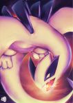  fangs flying gen_2_pokemon highres looking_at_viewer lugia muuran no_humans open_mouth pokemon pokemon_(creature) profile signature solo sunlight white_eyes 
