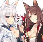  2girls aiguillette akagi_(azur_lane) animal_ears azur_lane bangs blue_eyes blunt_bangs blush breasts brown_hair choker cleavage eyebrows_visible_through_hair eyeshadow fox_ears fox_tail gloves hair_ornament half-closed_eyes holding interlocked_fingers japanese_clothes kaga_(azur_lane) large_breasts long_hair looking_at_viewer makeup mask multiple_girls multiple_tails parted_lips partly_fingerless_gloves red_eyes shikigami shiny shiny_skin short_hair simple_background smile tail tassel tuxedo_de_cat white_background white_hair wide_sleeves 