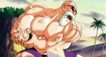  1boy animated animated_gif bald beard day dragon_ball facial_hair fighting_stance full_body kamehameha lowres male_focus muscle mustache muten_roushi open_mouth outstretched_arms palm_tree screencap shorts standing sunglasses tree 