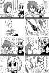  1boy 1girl 3ldkm 4koma :d android arm_cannon bangs bkub blunt_bangs blush clock cobra comic crystal_boy cup eyebrows_visible_through_hair fumimi greyscale hair_between_eyes hands_on_own_chest maid maid_headdress messy_hair monochrome multiple_4koma newspaper open_mouth psychogun reading rectangular_mouth shirt short_hair shouting simple_background smile space_adventure_cobra steam sweatdrop translation_request tsuneda two_side_up weapon white_background yen 
