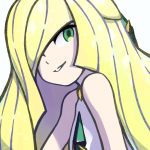  1girl bangs bare_shoulders blonde_hair blunt_bangs diamond_(shape) empty_eyes gem green_eyes hair_ornament hair_over_one_eye long_hair lusamine_(pokemon) multicolored_hair pokemon pokemon_(game) pokemon_sm purple_hair reiesu_(reis) simple_background sleeveless smile solo streaked_hair two-tone_hair very_long_hair white_background 