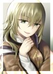  1girl blonde_hair close-up detached_sleeves eyebrows_visible_through_hair frame gradient gradient_background green_eyes hair_between_eyes hand_up highres lips long_hair looking_at_viewer matara_okina mimoto_(aszxdfcv) parted_lips sharp_teeth shiny shiny_hair smile solo tabard teeth touhou upper_body 