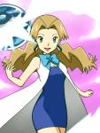  1girl :d blue_dress blue_eyes bow breasts brown_hair cleavage dress earrings jewelry long_hair looking_at_viewer mii_snowdon mm17 older open_mouth poke_ball pokemon pokemon_(anime) short_dress sleeveless sleeveless_dress smile solo 