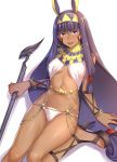  1girl animal_ears bangs bikini black_footwear blush dark_skin earrings egyptian egyptian_clothes eyebrows_visible_through_hair facepaint facial_mark fate/grand_order fate_(series) hair_between_eyes highres holding jackal_ears jewelry kyuuso_inukami long_hair looking_at_viewer nitocris_(fate/grand_order) open_mouth purple_hair rabbit_ears sandals solo violet_eyes 