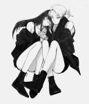  2others alternate_costume androgynous artist_request bangs blunt_bangs boots cairngorm_(houseki_no_kuni) cigarette closed_eyes contemporary grey_background hand_holding highres hime_cut houseki_no_kuni jacket jewelry lapis_lazuli_(houseki_no_kuni) leaning_on_person long_hair monochrome ring short_hair sitting smile 