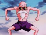  1boy animated animated_gif bald bare_chest bare_legs beard clenched_hands day dragon_ball facial_hair fighting_stance frown lowres male_focus muscle mustache muten_roushi nipples screencap shorts sky standing sunglasses upper_body veins 