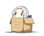  1girl azur_lane bangs blue_flower blue_rose blush box cardboard_box chibi commentary_request covered_mouth flower forehead in_box in_container nagato-chan parted_bangs rose silver_hair solid_oval_eyes solo translated white_background yorktown_(azur_lane) 