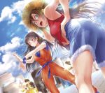  :d black_hair blue_eyes blue_shorts blue_sky blurry blurry_background breasts brown_eyes brown_hair clouds cosplay cosplay_request day dutch_angle facial_scar floating_hair from_below hand_on_hip hat highres hime_cut kisaragi_mizu long_hair looking_at_viewer medium_breasts monkey_d_luffy monkey_d_luffy_(cosplay) multiple_girls open_mouth original outdoors sakata_gintoki sakata_gintoki_(cosplay) scar scar_on_cheek shorts sky sleeveless smile son_gokuu son_gokuu_(cosplay) straw_hat torn_clothes torn_shorts under_boob very_long_hair wristband yellow_hat 