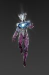  1boy armor bai_wang floating full_armor full_body glowing glowing_eyes grey_background helmet highres looking_at_viewer male_focus outstretched_arm simple_background solo ultraman_saga ultraman_saga_(series) 