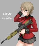  1girl absurdres arm_behind_head assault_rifle bangs black_skirt blonde_hair blue_eyes braid bullpup character_name closed_mouth commentary cowboy_shot cursive darjeeling english epaulettes girls_und_panzer grey_background gun highres holding holding_gun holding_weapon jacket l85 light_frown long_sleeves looking_at_viewer military military_uniform miniskirt pleated_skirt red_jacket rifle short_hair simple_background skirt solo st._gloriana&#039;s_military_uniform tacch tied_hair trigger_discipline twin_braids uniform weapon 