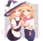  2girls :d alice_margatroid apron bangs black_hat black_skirt blonde_hair blue_eyes bow capelet commentary_request cowboy_shot eyebrows_visible_through_hair hand_holding hat hat_bow headband kirisame_marisa long_hair looking_at_viewer multiple_girls nva222 open_mouth puffy_short_sleeves puffy_sleeves red_string short_sleeves skirt skirt_set smile string touhou waist_apron white_apron white_bow witch_hat yellow_eyes 