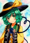  1girl bangs black_hat blush bow eyebrows_visible_through_hair green_eyes green_hair hat hat_bow heart heart_of_string holding komeiji_koishi looking_at_viewer open_mouth qqqrinkappp sample sleeves_past_wrists solo third_eye touhou traditional_media upper_body wide_sleeves yellow_bow 