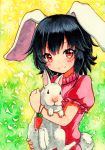  1girl animal animal_ears bangs black_hair blush_stickers bunny_tail carrot_necklace closed_mouth holding holding_animal inaba_tewi looking_at_viewer puffy_short_sleeves puffy_sleeves qqqrinkappp rabbit rabbit_ears red_eyes sample short_hair short_sleeves smile tail touhou traditional_media 