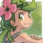  1girl bare_shoulders closed_mouth dark_skin fingernails flower green_eyes green_hair hair_tie headband long_hair looking_at_viewer mallow_(pokemon) outline pink_flower pokemon pokemon_(game) pokemon_sm reiesu_(reis) signature smile solo trial_captain twintails upper_body white_outline 