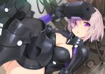  1girl adjusting_headwear ass black_legwear black_leotard breastplate breasts cable cleavage cleavage_cutout collar commentary_request cuffs elbow_gloves eyebrows_visible_through_hair eyes_visible_through_hair fate/grand_order fate_(series) gloves gorget greaves grey_background hair_over_one_eye headgear knees_up large_breasts lavender_hair leotard looking_at_viewer mash_kyrielight orthenaus parted_lips pauldrons shield short_hair simple_background solo thighs violet_eyes vr_visor white_background yang-do 