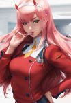  1girl blue_eyes breasts candy darling_in_the_franxx food food_in_mouth hairband hand_on_hip highres horns lollipop long_hair long_sleeves medium_breasts military military_uniform parted_lips pink_hair revision solo stanley_lau uniform upper_body very_long_hair zero_two_(darling_in_the_franxx) 