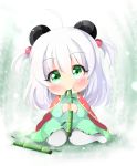  1girl absurdres agung_syaeful_anwar ahoge animal_ears bamboo blush chibi commentary dress eating eyebrows_visible_through_hair green_dress green_eyes grey_legwear hair_bobbles hair_ornament highres long_sleeves original panda_ears pantyhose solo two_side_up white_hair 