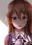  1girl :o ashigara_(kantai_collection) bangs blush brown_eyes brown_hair collared_shirt eyebrows_visible_through_hair fangs gloves gradient gradient_background hand_on_own_chest highres kantai_collection long_hair okitsugu open_mouth portrait sailor_collar shirt solo tareme white_gloves white_sailor_collar wing_collar 