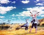  1girl bird blonde_hair book clouds feathered_wings feathers fuji_takanasu glasses gloves grass grey_hair kemono_friends long_hair multicolored_hair red_eyes redhead secretarybird_(kemono_friends) sky solo white_hair wings 