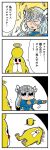  1girl 4koma armor bkub blue_armor blue_eyes closed_eyes comic corpse creature feathers grey_hair hair_between_eyes halo helmet highres lenneth_valkyrie long_hair pointing simple_background sparkle speech_bubble sweatdrop talking translation_request two-tone_background valkyrie_profile valkyrie_profile_anatomia winged_helmet 