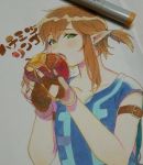  1boy apple armband blonde_hair blush collarbone earrings eating eyelashes fingerless_gloves food fruit gloves green_eyes hair_tie holding holding_food honey jewelry link looking_at_viewer male_focus marker marker_(medium) open_mouth photo pointy_ears roda_(roda826) shirt short_ponytail short_sleeves solo teeth the_legend_of_zelda the_legend_of_zelda:_breath_of_the_wild traditional_media tunic upper_body 