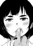  1girl blush commentary_request directional_arrow fingernails greyscale jitome lips looking_at_viewer monochrome nukomasu original pov pov_hands short_hair solo_focus 