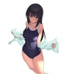  1girl bangs black_hair blush breasts brown_eyes closed_mouth collarbone cowboy_shot hands_up holding long_hair looking_at_viewer medium_breasts navel one-piece_swimsuit original school_swimsuit senjitsu_musou shade shadow sidelocks simple_background smile solo standing swimsuit towel white_background 